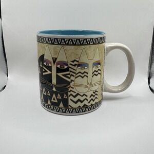 2014 LAUREL BURCH BLACK WHITE ZIGZAG TRIANGLE CATS COFFEE CUP MUG BLUE INSIDE